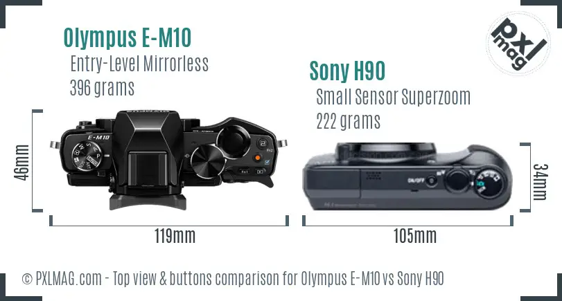 Olympus E-M10 vs Sony H90 top view buttons comparison