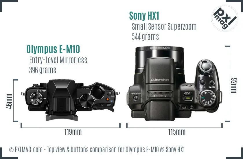 Olympus E-M10 vs Sony HX1 top view buttons comparison