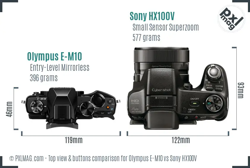 Olympus E-M10 vs Sony HX100V top view buttons comparison