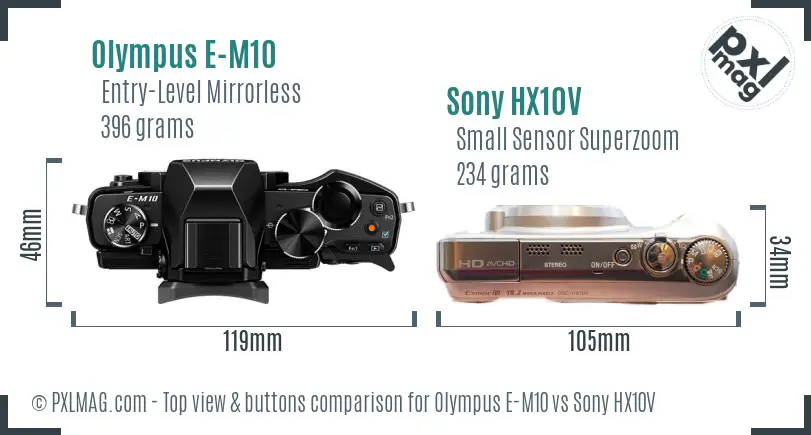 Olympus E-M10 vs Sony HX10V top view buttons comparison