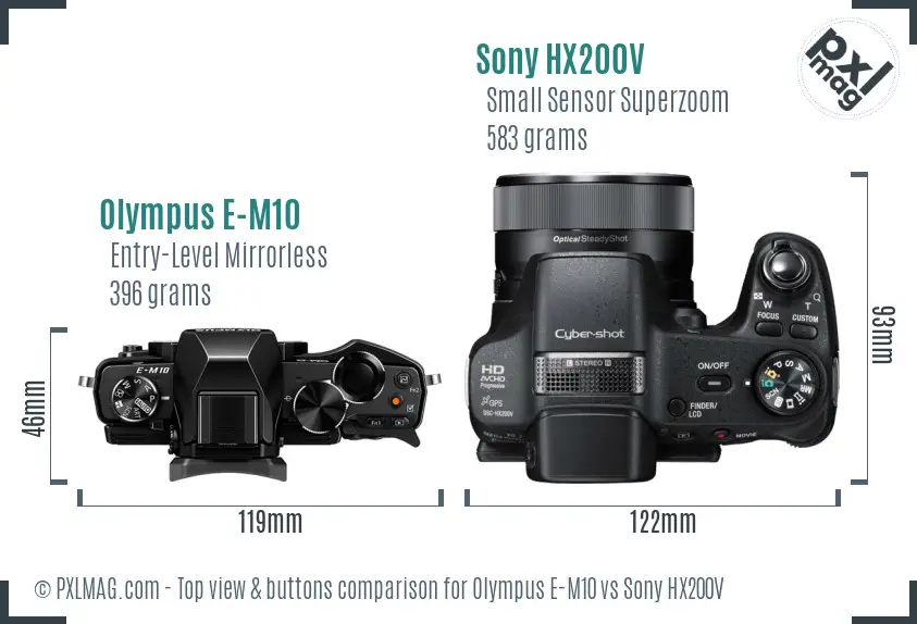 Olympus E-M10 vs Sony HX200V top view buttons comparison