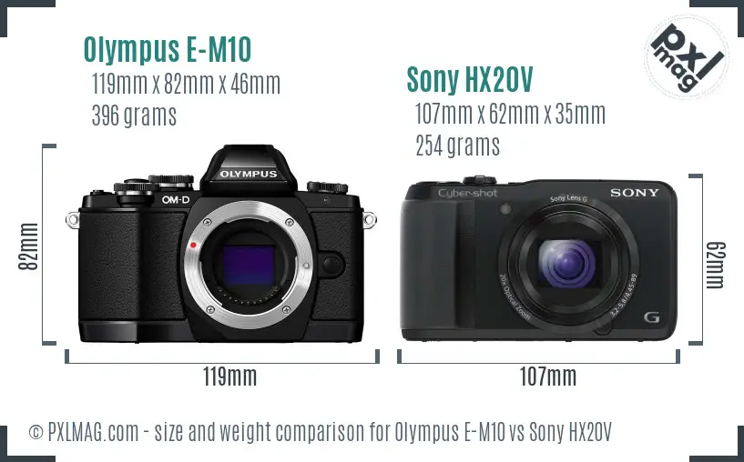 Olympus E-M10 vs Sony HX20V size comparison