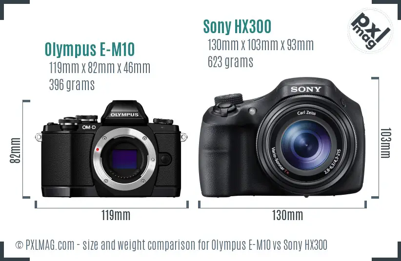 Olympus E-M10 vs Sony HX300 size comparison