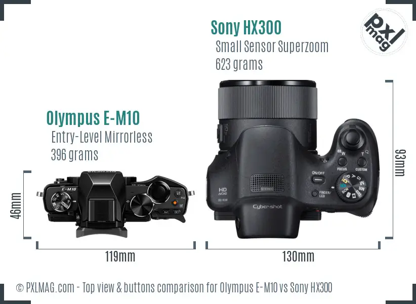 Olympus E-M10 vs Sony HX300 top view buttons comparison