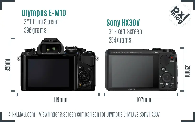 Olympus E-M10 vs Sony HX30V Screen and Viewfinder comparison