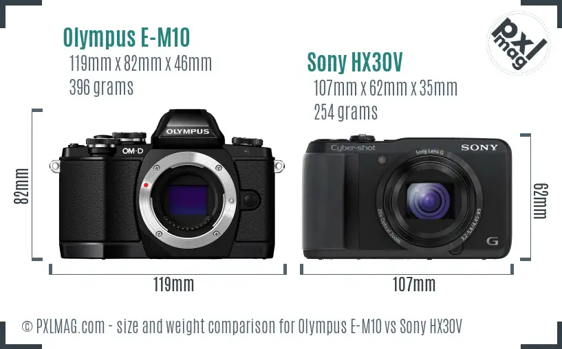 Olympus E-M10 vs Sony HX30V size comparison