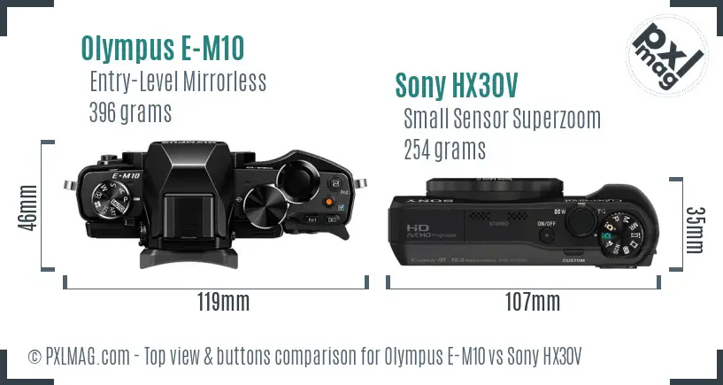 Olympus E-M10 vs Sony HX30V top view buttons comparison