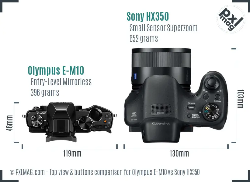 Olympus E-M10 vs Sony HX350 top view buttons comparison