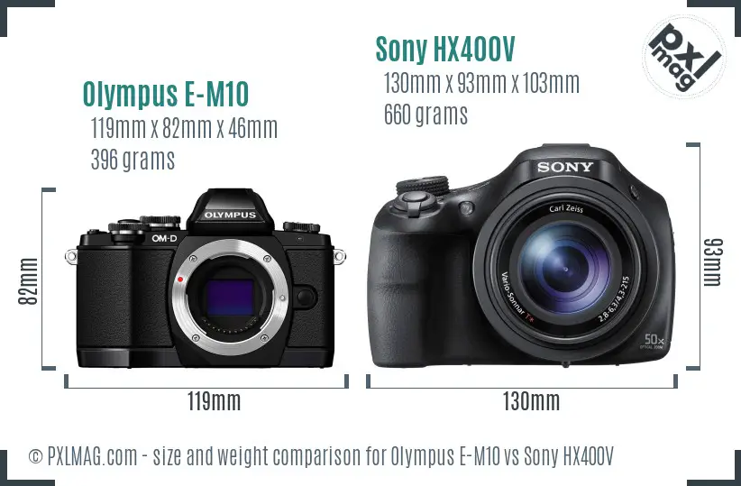 Olympus E-M10 vs Sony HX400V size comparison