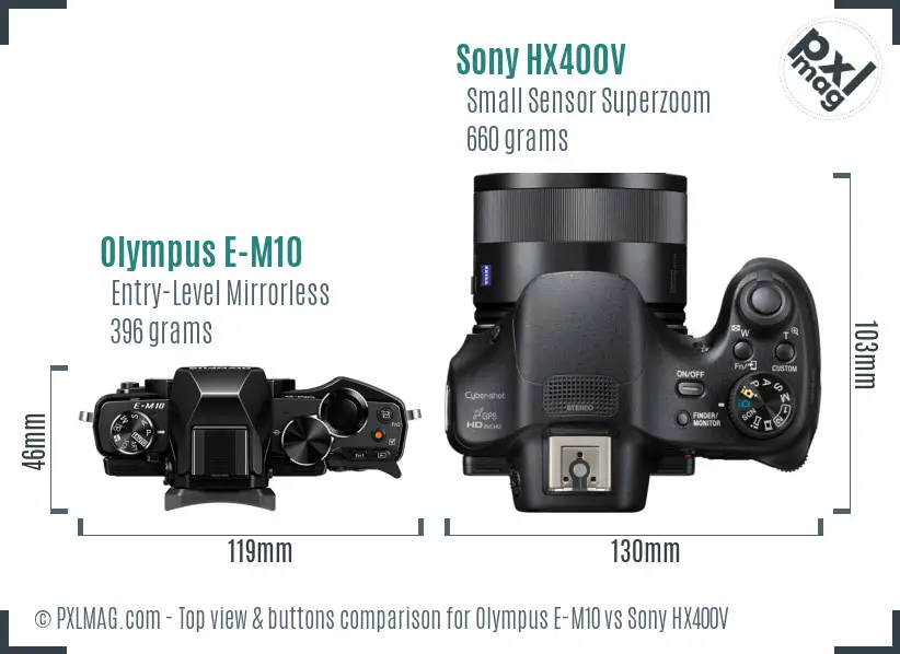 Olympus E-M10 vs Sony HX400V top view buttons comparison