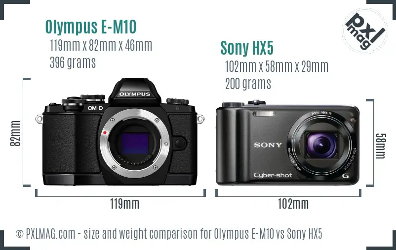 Olympus E-M10 vs Sony HX5 size comparison