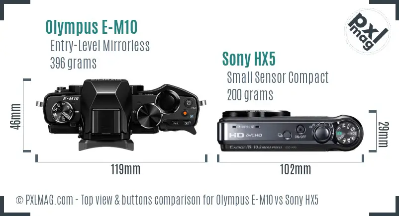 Olympus E-M10 vs Sony HX5 top view buttons comparison