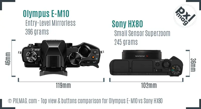 Olympus E-M10 vs Sony HX80 top view buttons comparison