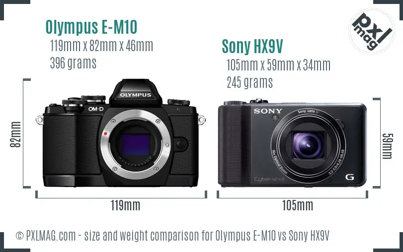 Olympus E-M10 vs Sony HX9V size comparison