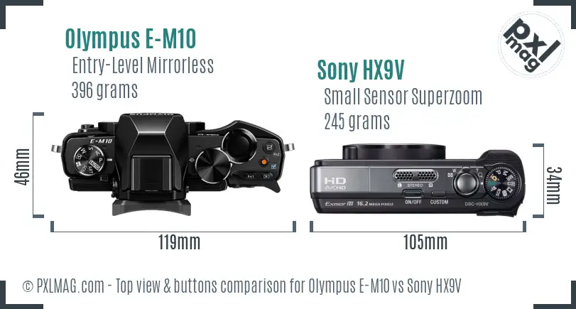 Olympus E-M10 vs Sony HX9V top view buttons comparison