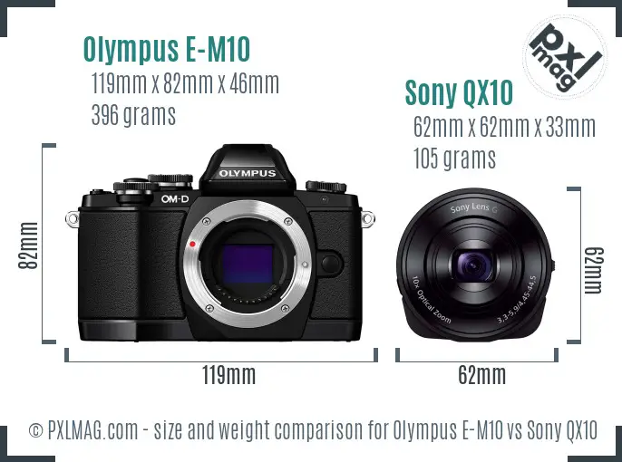 Olympus E-M10 vs Sony QX10 size comparison