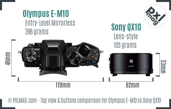 Olympus E-M10 vs Sony QX10 top view buttons comparison
