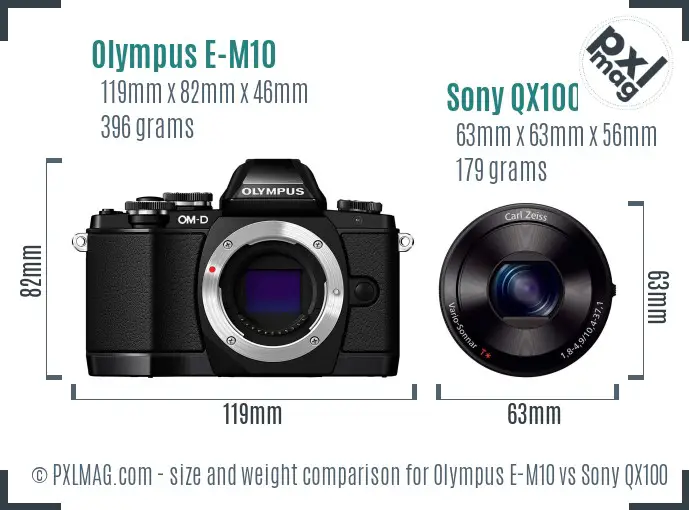 Olympus E-M10 vs Sony QX100 size comparison