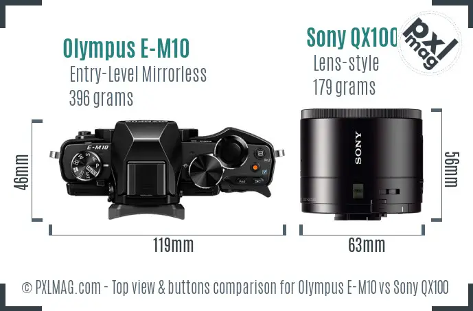 Olympus E-M10 vs Sony QX100 top view buttons comparison