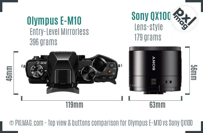Olympus E-M10 vs Sony QX100 top view buttons comparison Olympus E-M10 vs Sony QX100 top view buttons comparison