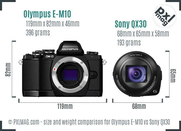 Olympus E-M10 vs Sony QX30 size comparison