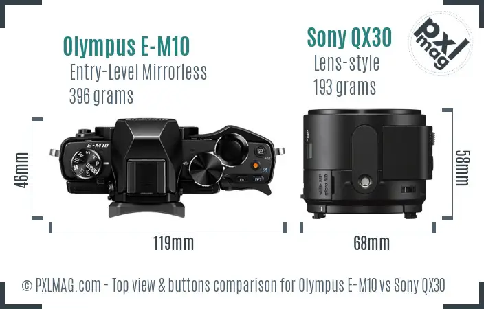 Olympus E-M10 vs Sony QX30 top view buttons comparison