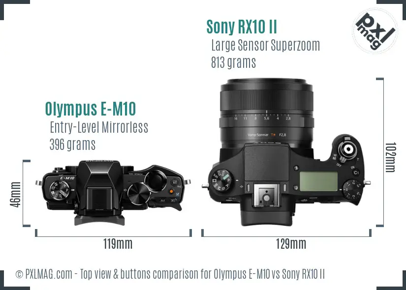 Olympus E-M10 vs Sony RX10 II top view buttons comparison