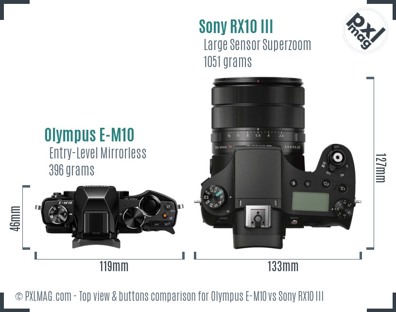 Olympus E-M10 vs Sony RX10 III top view buttons comparison