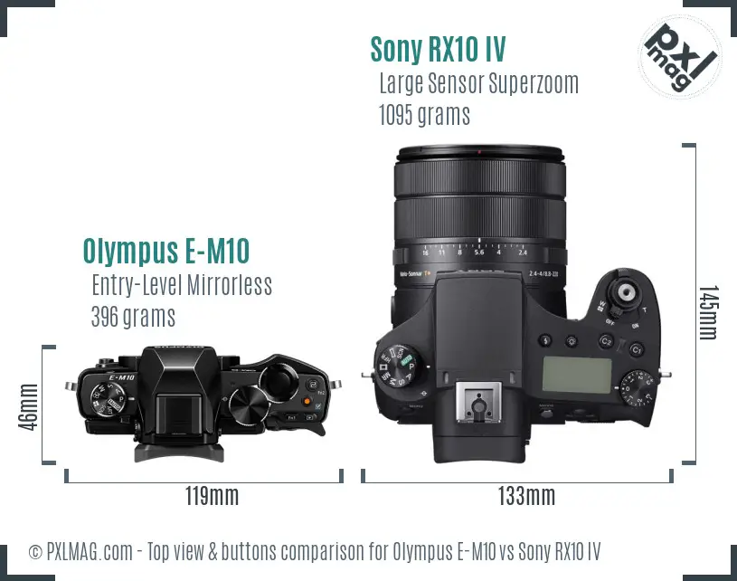 Olympus E-M10 vs Sony RX10 IV top view buttons comparison