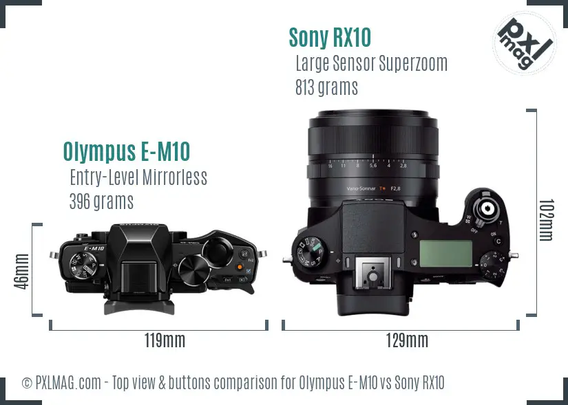 Olympus E-M10 vs Sony RX10 top view buttons comparison