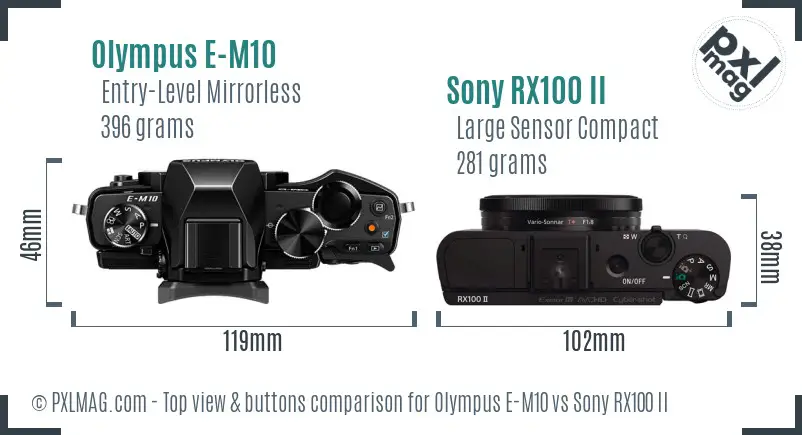 Olympus E-M10 vs Sony RX100 II top view buttons comparison