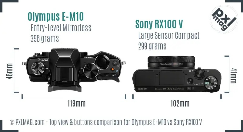 Olympus E-M10 vs Sony RX100 V top view buttons comparison