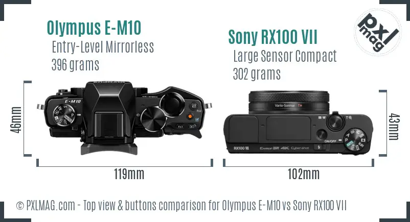 Olympus E-M10 vs Sony RX100 VII top view buttons comparison