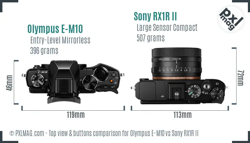 Olympus E-M10 vs Sony RX1R II top view buttons comparison