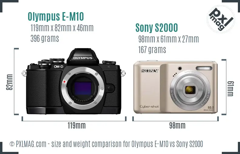 Olympus E-M10 vs Sony S2000 size comparison