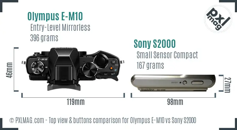 Olympus E-M10 vs Sony S2000 top view buttons comparison