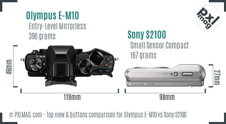 Olympus E-M10 vs Sony S2100 top view buttons comparison