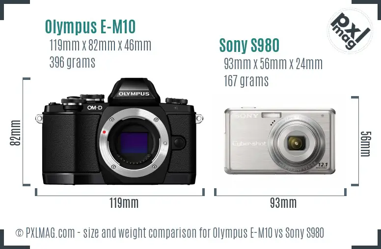 Olympus E-M10 vs Sony S980 size comparison