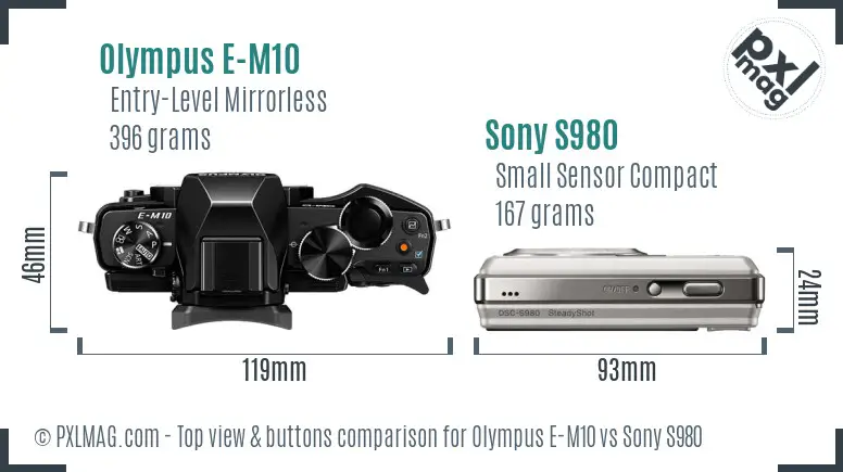 Olympus E-M10 vs Sony S980 top view buttons comparison