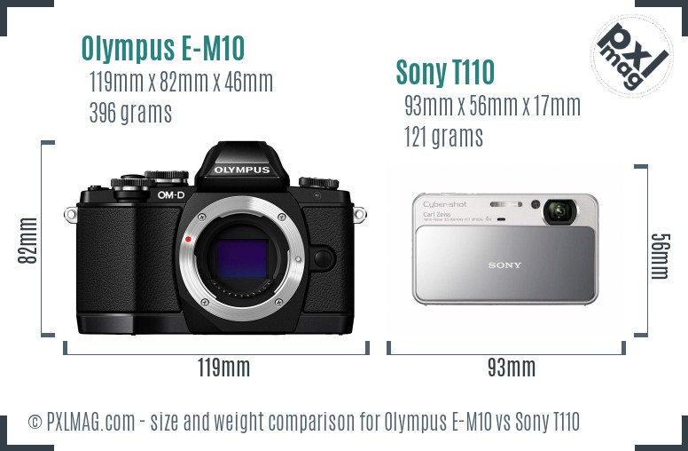 Olympus E-M10 vs Sony T110 size comparison