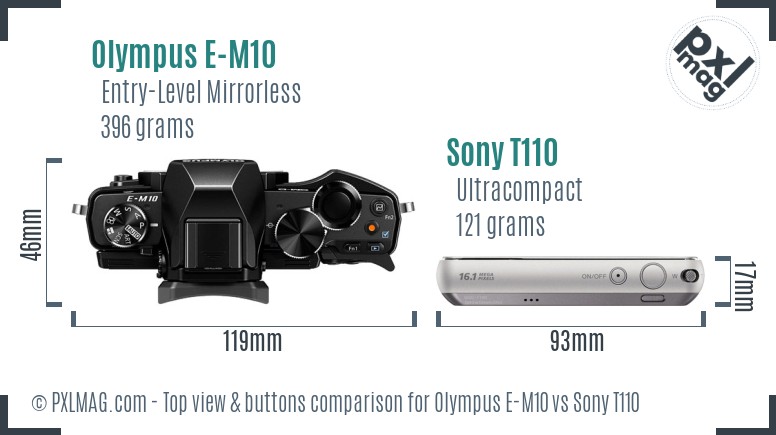 Olympus E-M10 vs Sony T110 top view buttons comparison