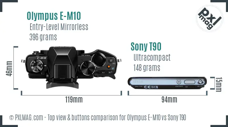 Olympus E-M10 vs Sony T90 top view buttons comparison Olympus E-M10 vs Sony T90 top view buttons comparison