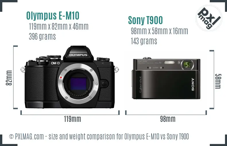 Olympus E-M10 vs Sony T900 size comparison