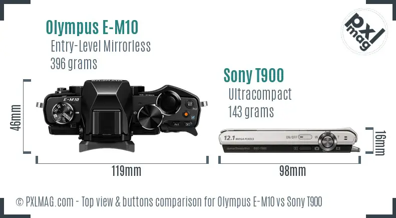 Olympus E-M10 vs Sony T900 top view buttons comparison