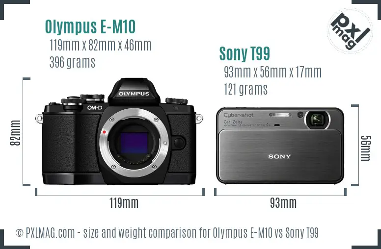 Olympus E-M10 vs Sony T99 size comparison