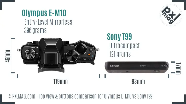 Olympus E-M10 vs Sony T99 top view buttons comparison