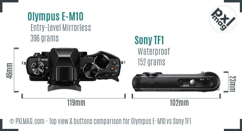 Olympus E-M10 vs Sony TF1 top view buttons comparison