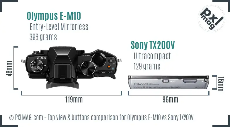 Olympus E-M10 vs Sony TX200V top view buttons comparison