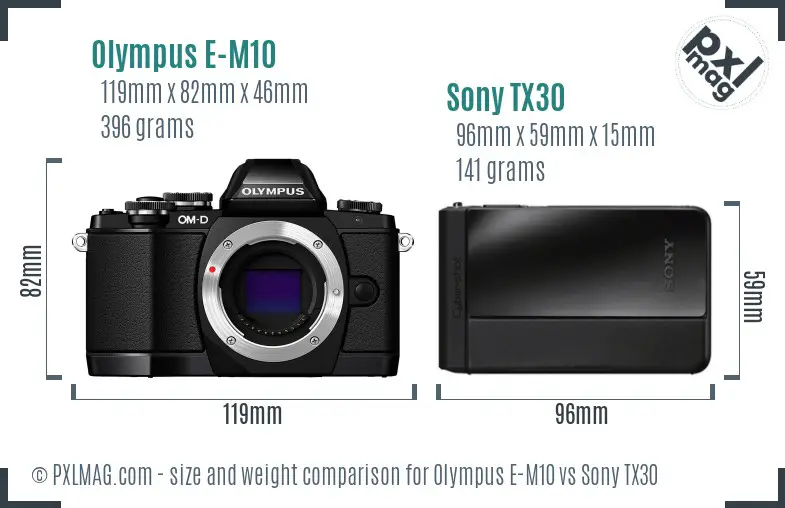 Olympus E-M10 vs Sony TX30 size comparison