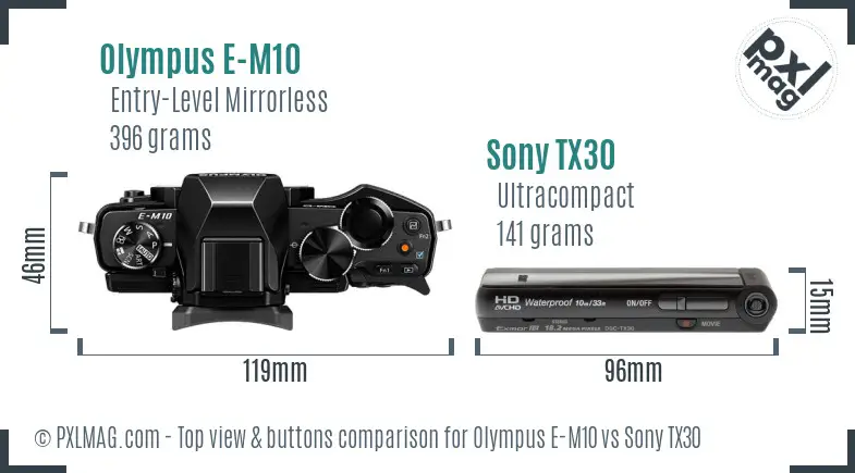 Olympus E-M10 vs Sony TX30 top view buttons comparison